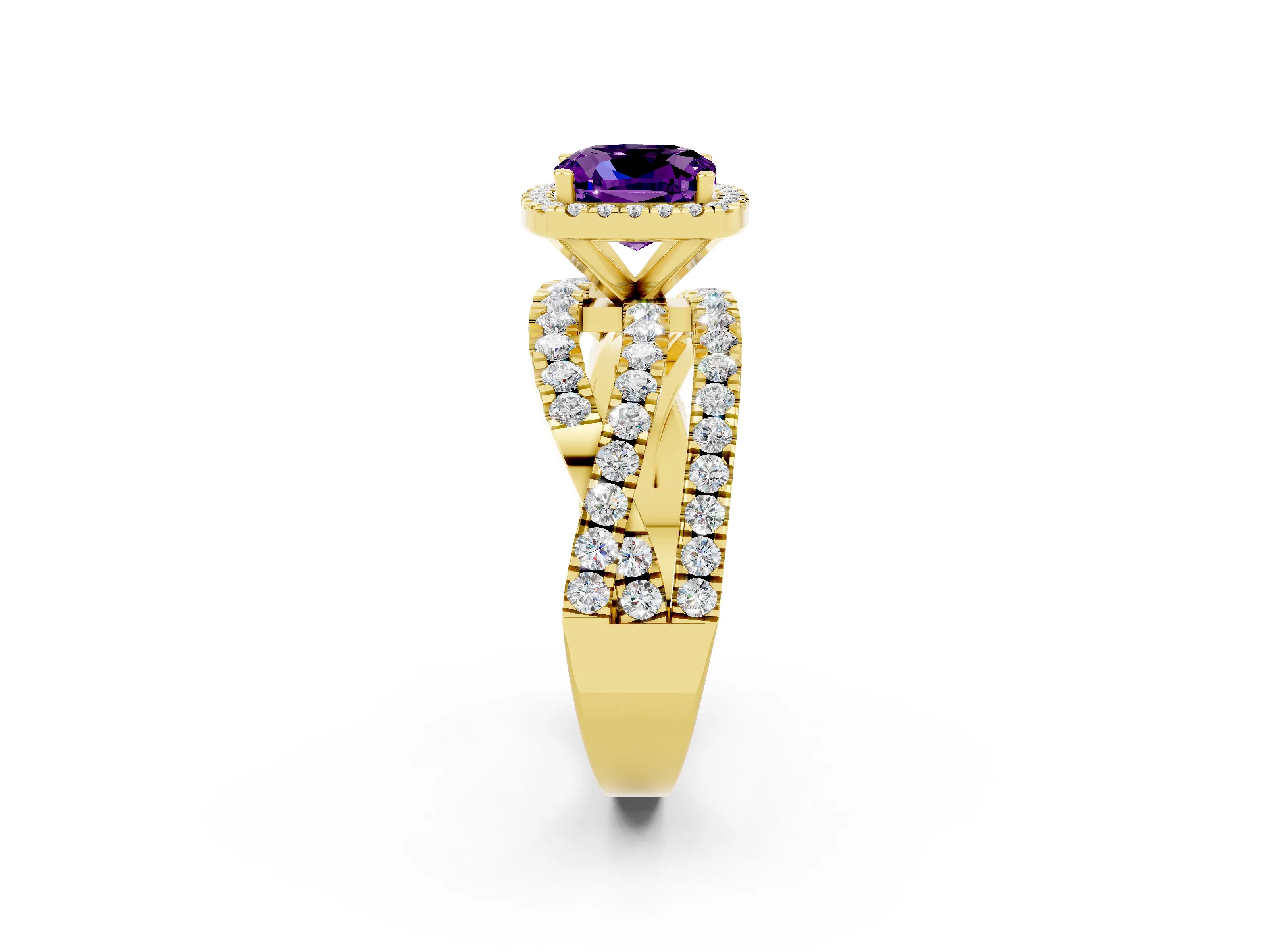 Yellow gold Cushion Cut Cut Halo Split Shank Prong Setting Ring_2