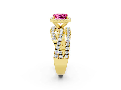 Yellow gold Cushion Cut Cut Halo Split Shank Prong Setting Ring_2