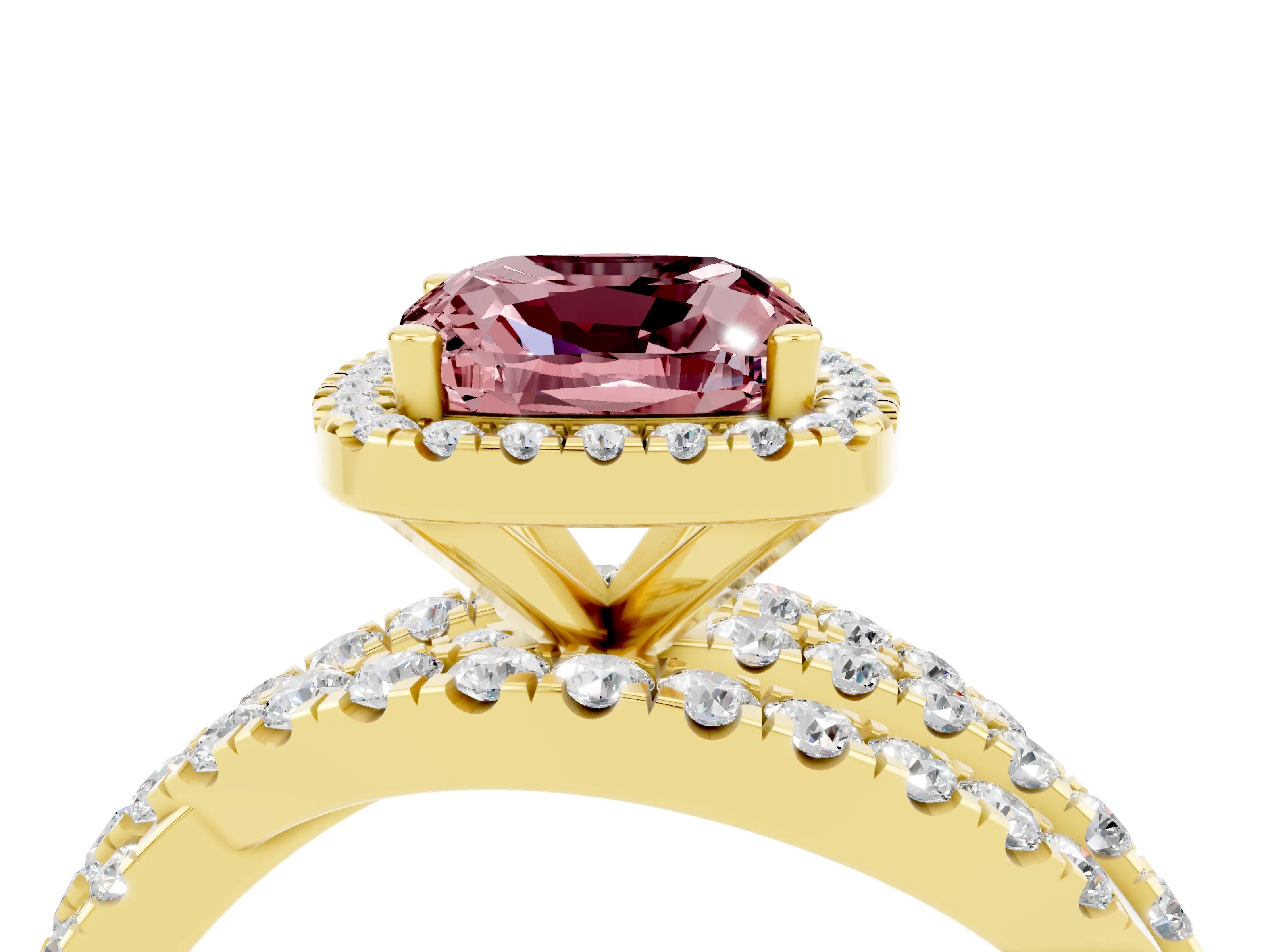 Yellow gold Cushion Cut Cut Halo Split Shank Prong Setting Ring_4