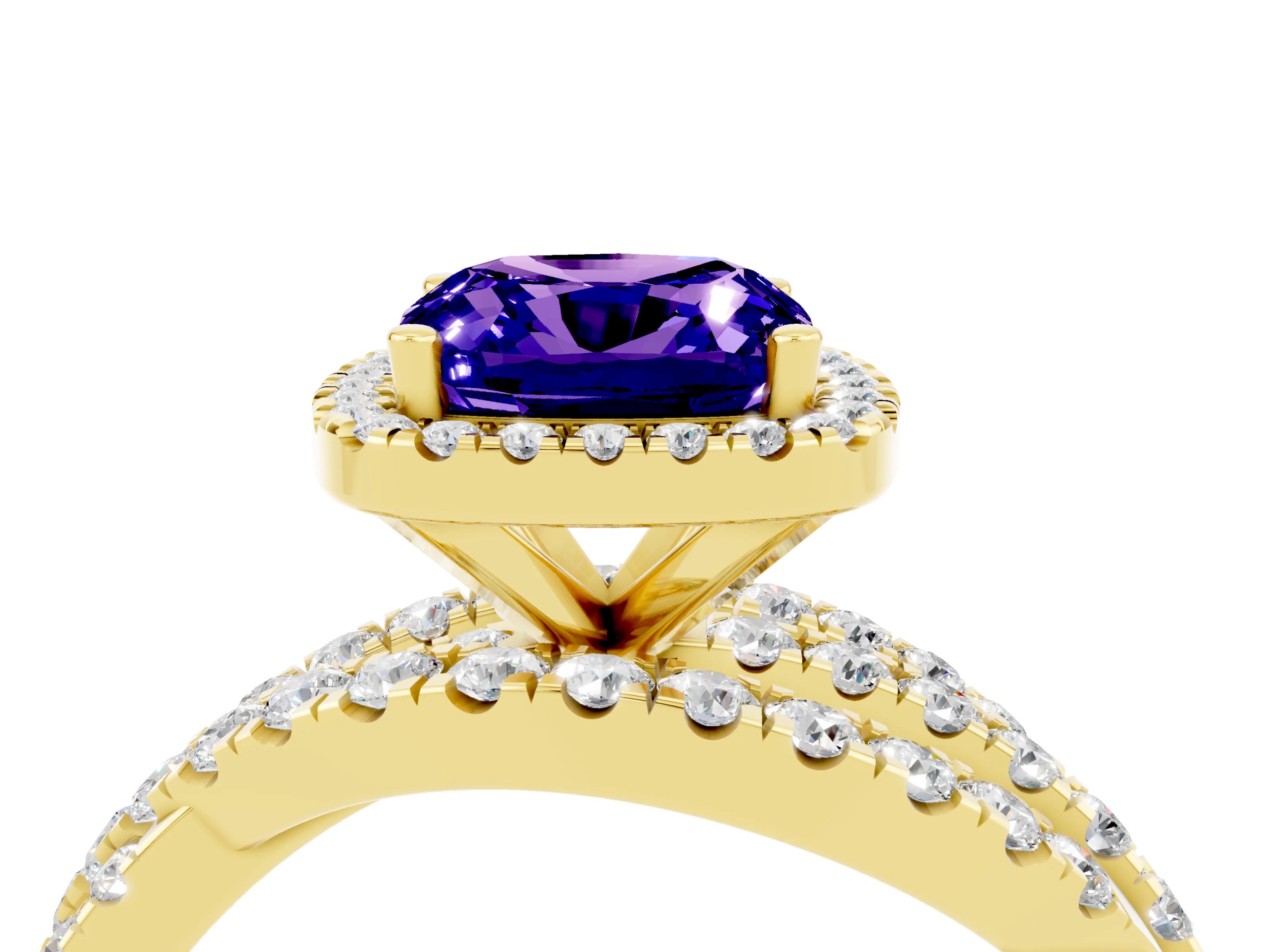 Yellow gold Cushion Cut Cut Halo Split Shank Prong Setting Ring_4