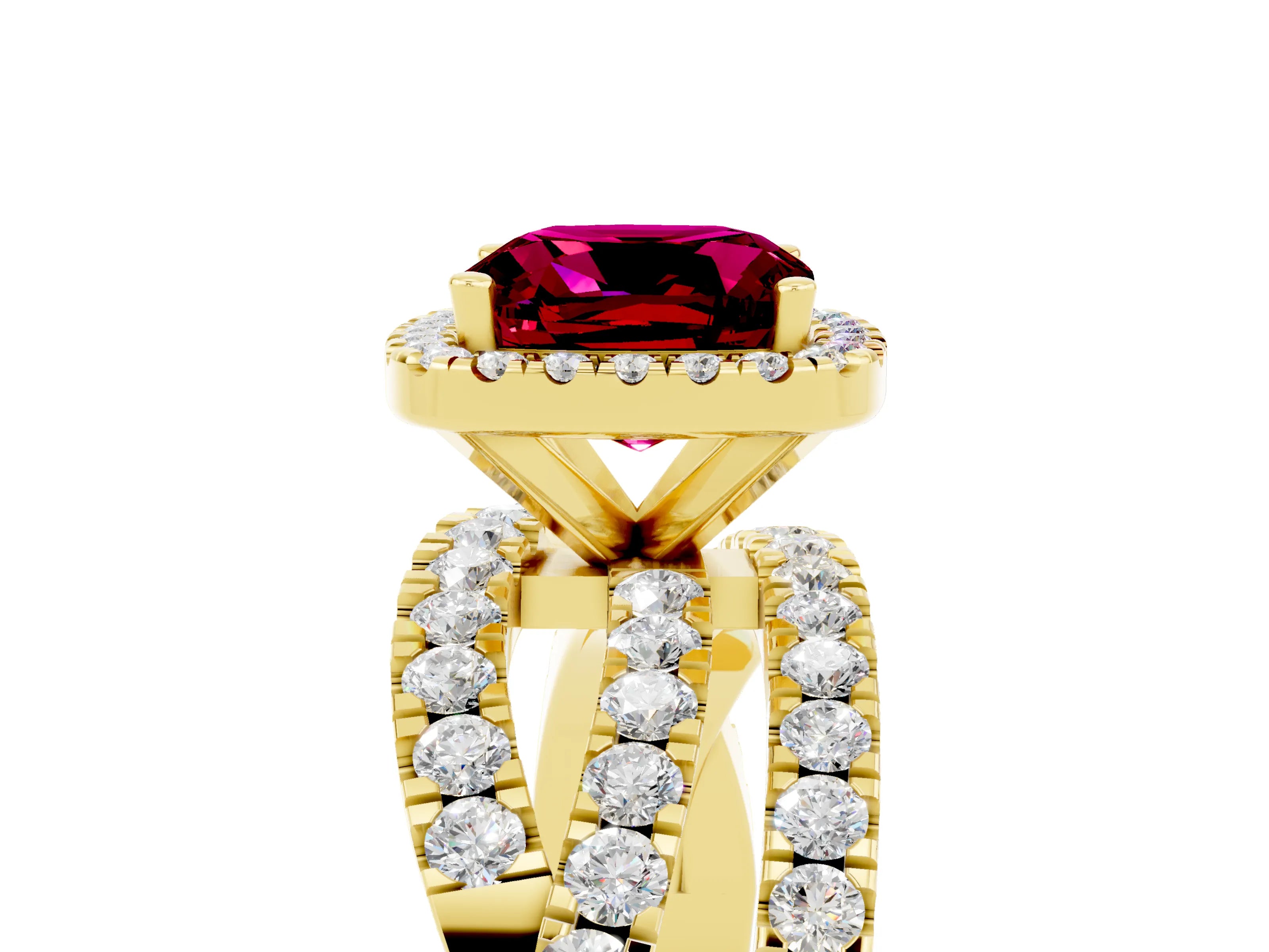 Yellow gold Cushion Cut Cut Halo Split Shank Prong Setting Ring_5