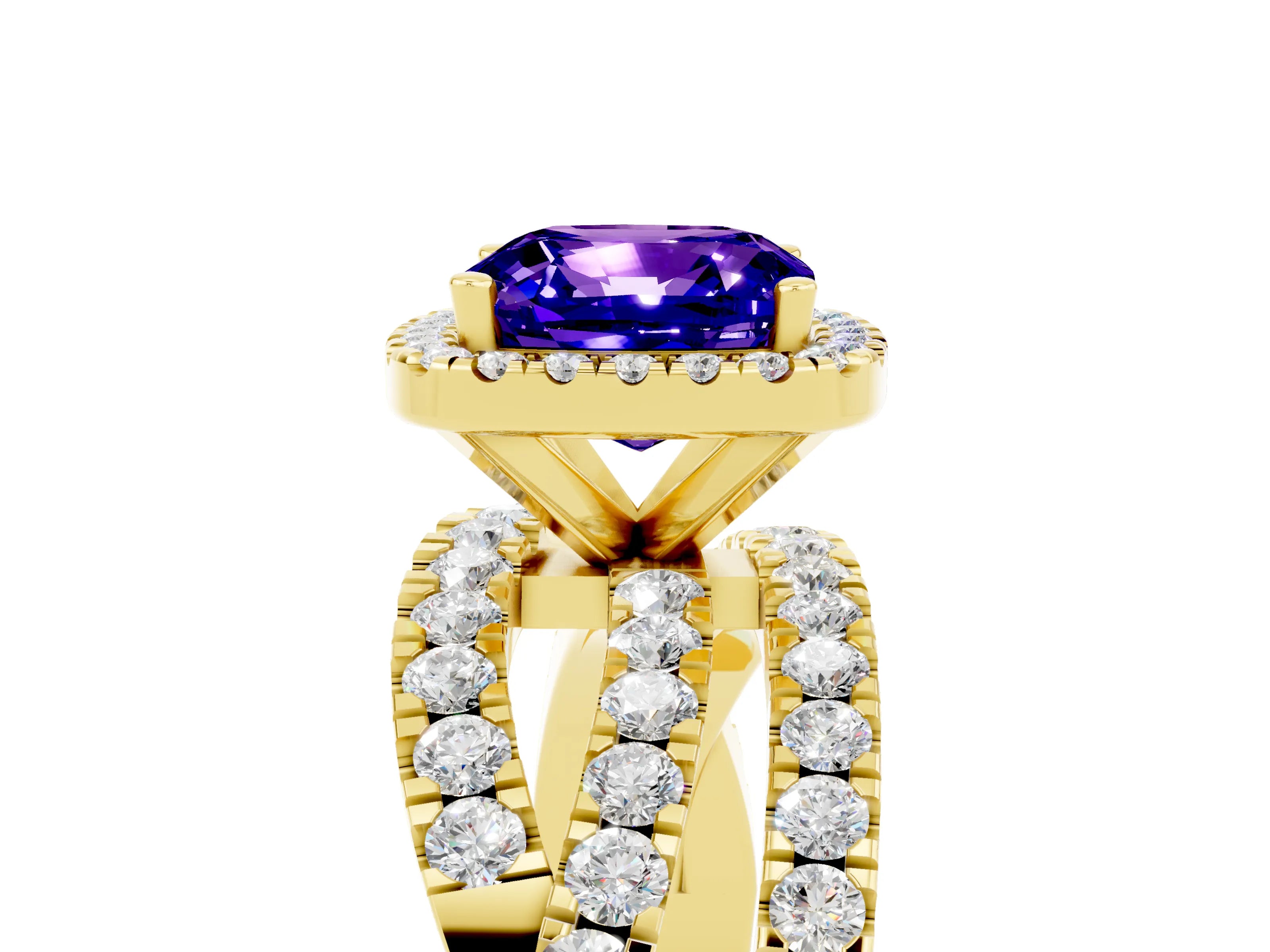 Yellow gold Cushion Cut Cut Halo Split Shank Prong Setting Ring_5