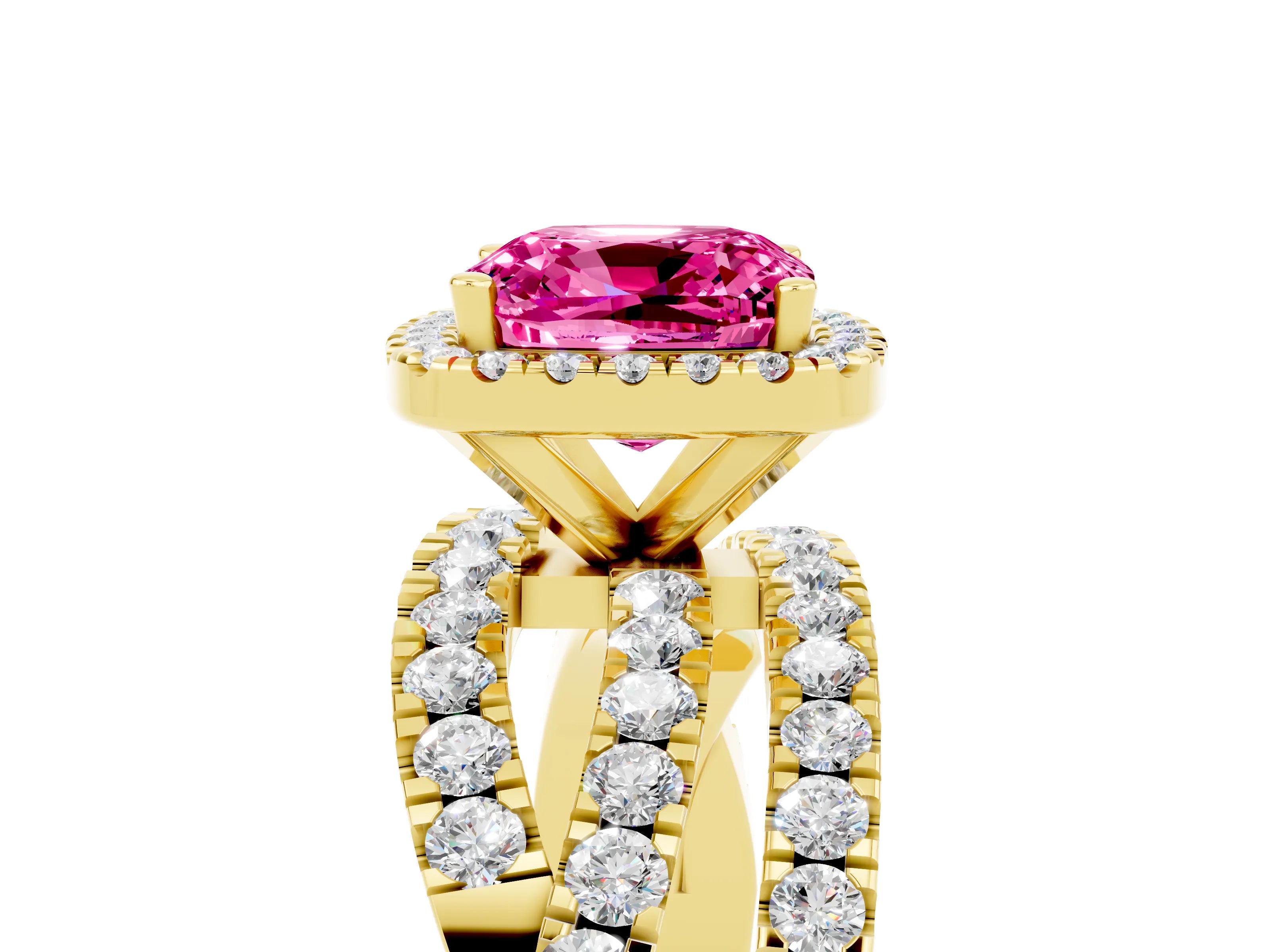 Yellow gold Cushion Cut Cut Halo Split Shank Prong Setting Ring_5
