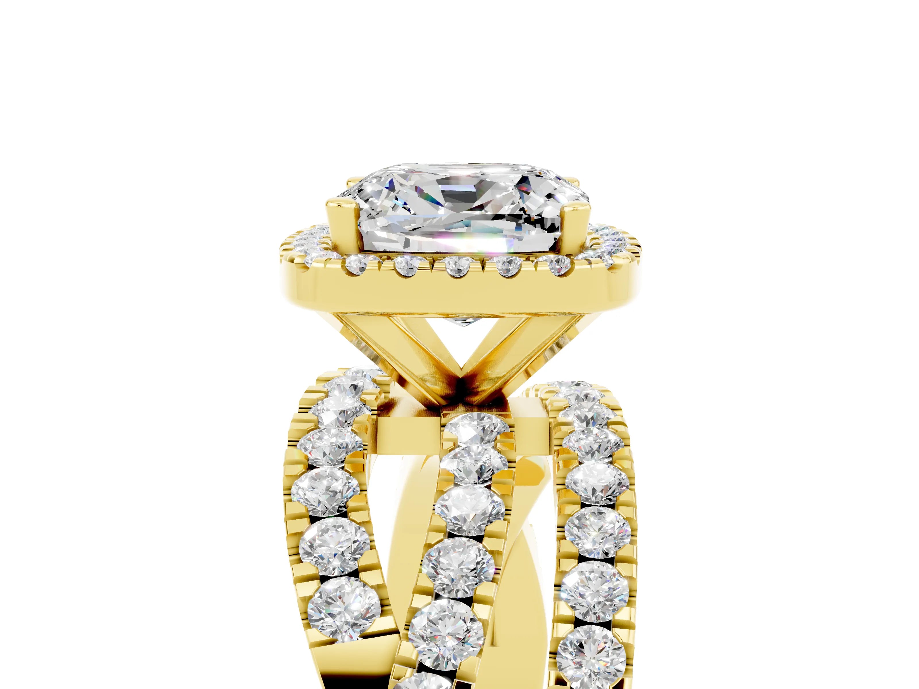 Yellow gold Cushion Cut Cut Halo Split Shank Prong Setting Ring_5