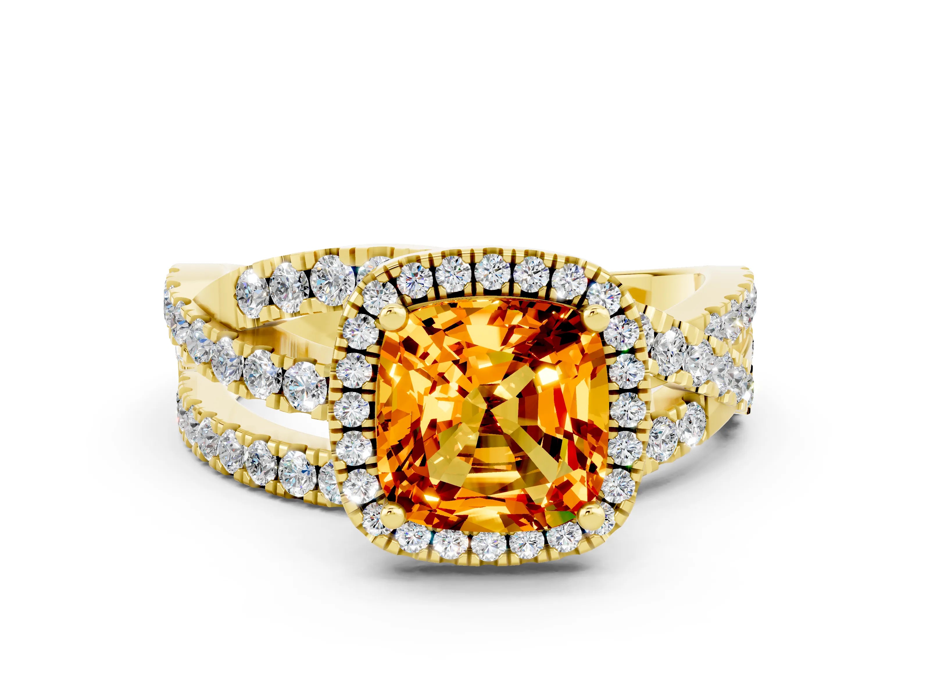 Yellow gold Cushion Cut Cut Halo Split Shank Prong Setting Ring