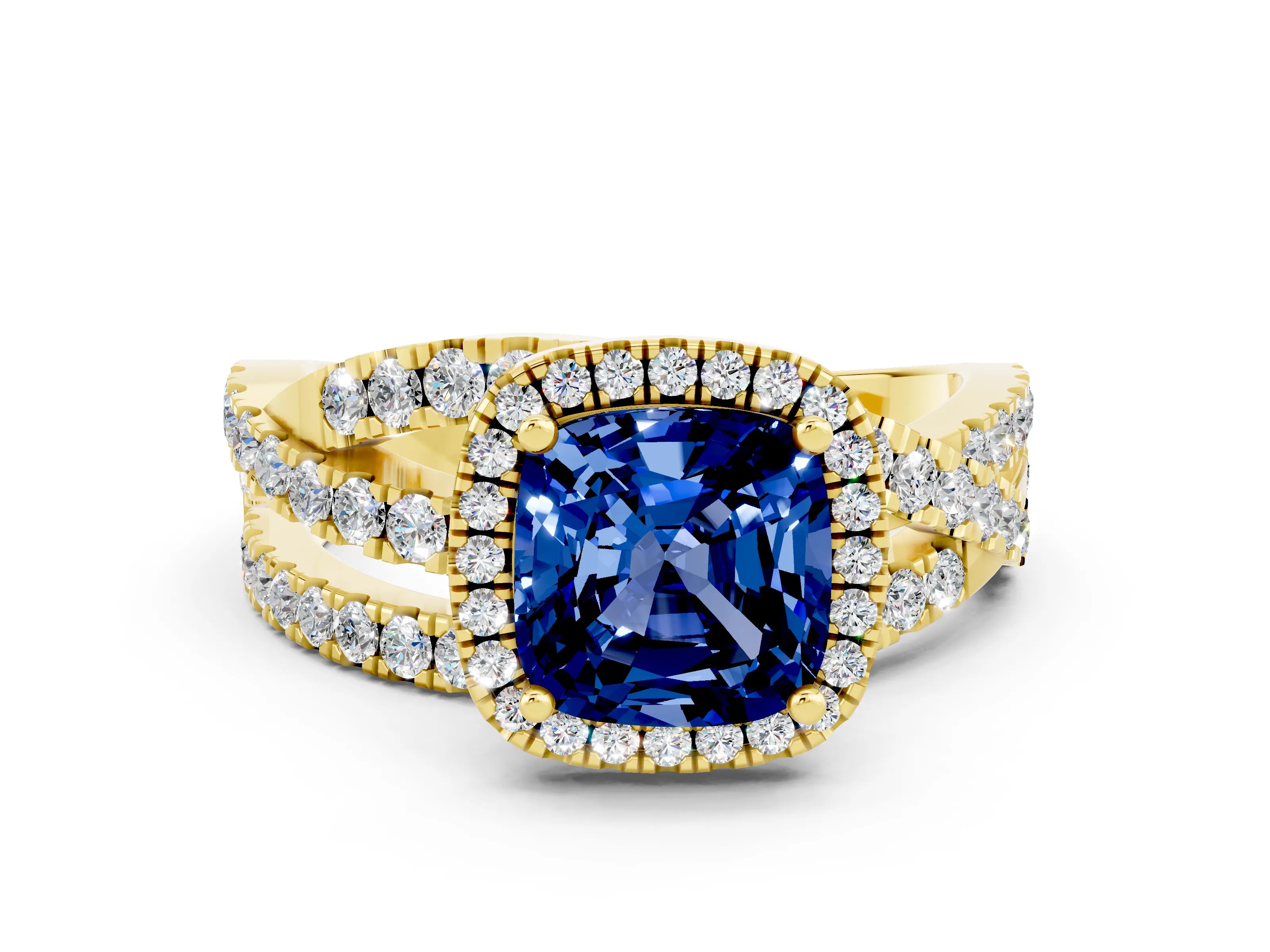 Yellow gold Cushion Cut Cut Halo Split Shank Prong Setting Ring