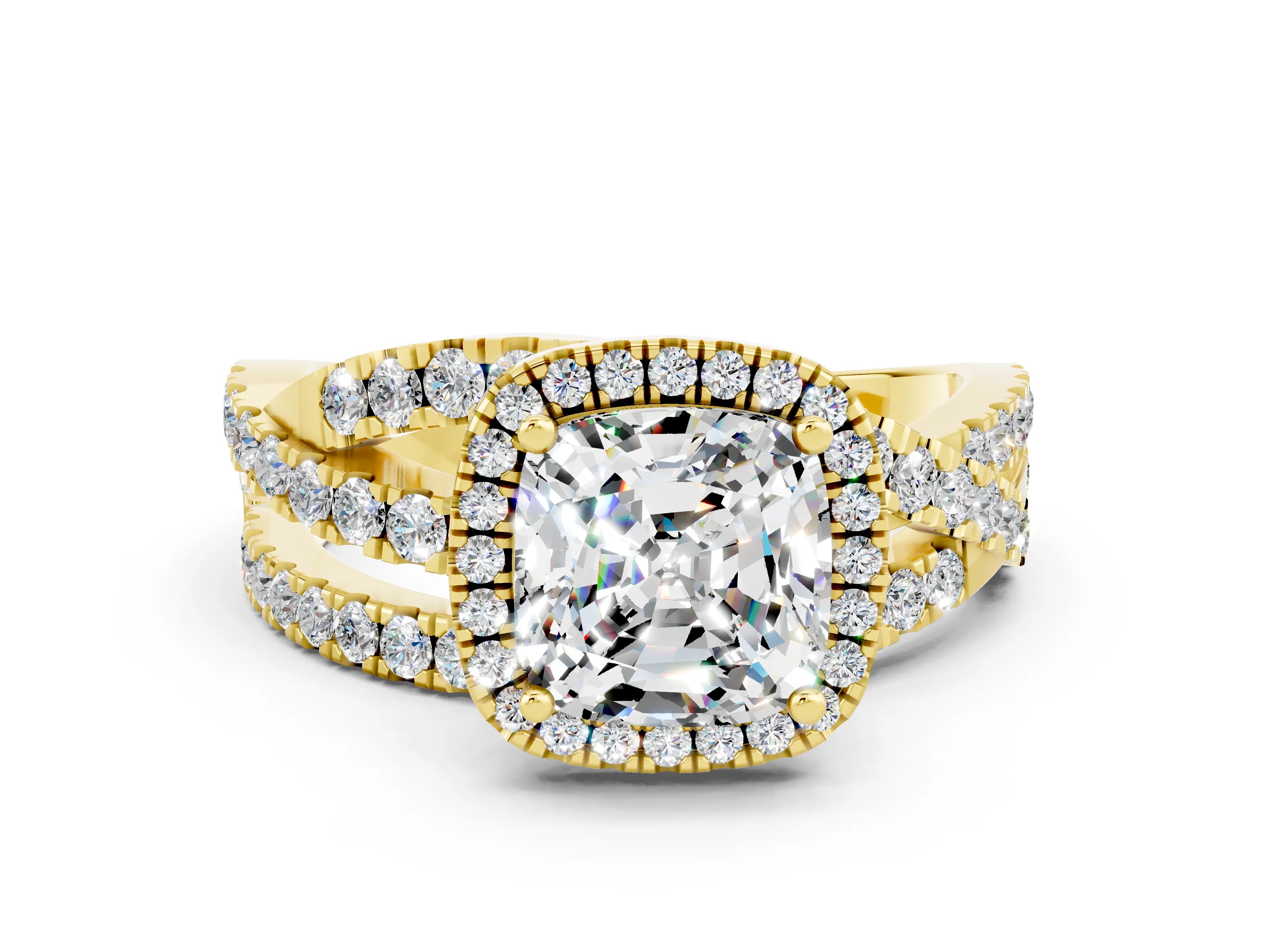 Yellow gold Cushion Cut Cut Halo Split Shank Prong Setting Ring