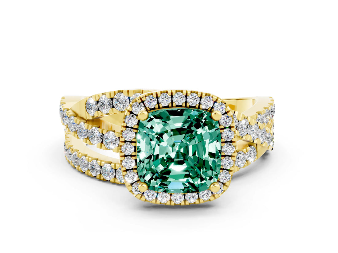 Yellow gold Cushion Cut Cut Halo Split Shank Prong Setting Ring