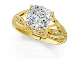 Yellow gold Cushion Cut Cut Milgrain Pave Diamond Engagement Ring with Four-Prong Setting_16