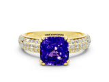 Yellow gold Cushion Cut Cut Pave Diamond Engagement Ring with Channel Set Band and Four-Prong Setting