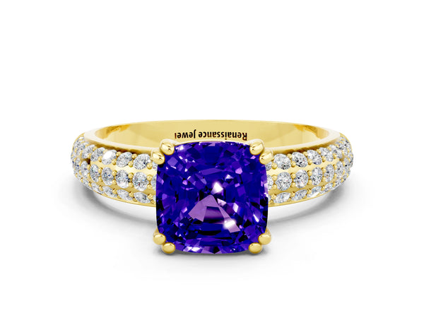 Yellow gold Cushion Cut Tanzanite Solitaire Ring with Multi-Row Round Pavé Band and Prong Setting
