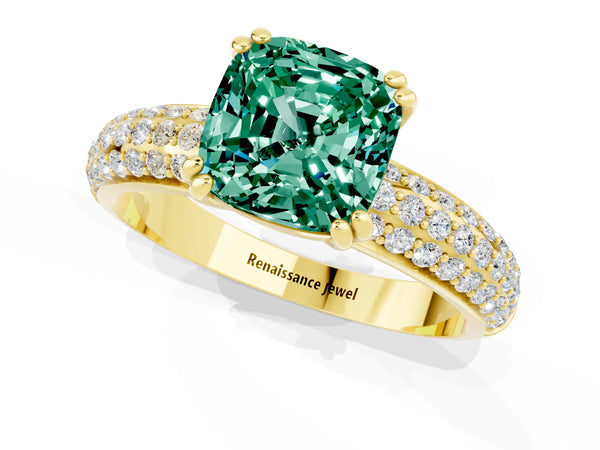 Yellow gold Cushion Cut Green Sapphire Solitaire Ring with Multi-Row Round Pavé Band and Prong Setting