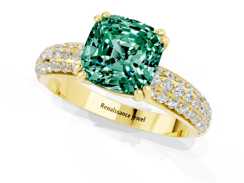 Yellow gold Cushion Cut Cut Pave Diamond Engagement Ring with Channel Set Band and Four-Prong Setting_1