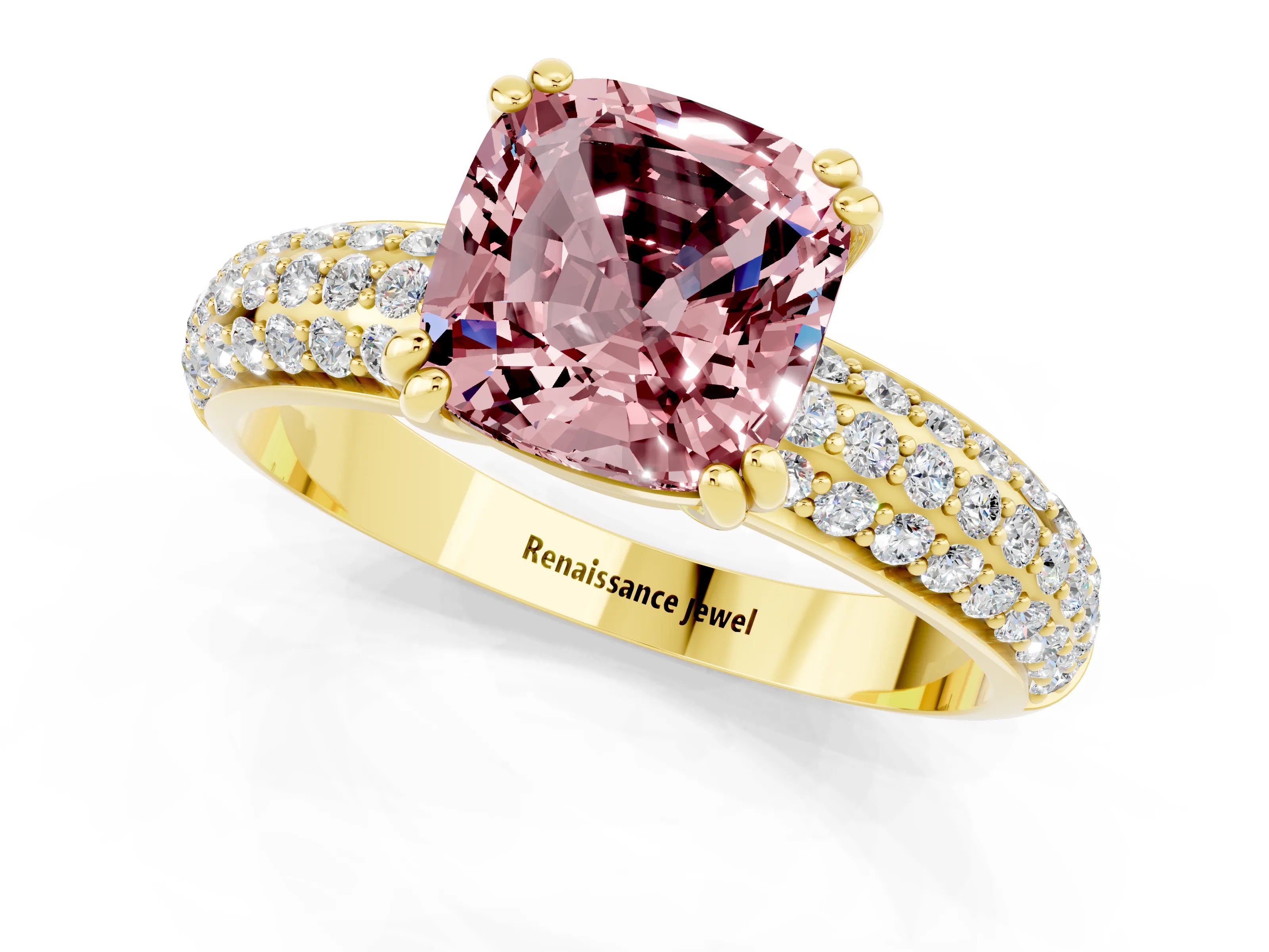 Yellow gold Cushion Cut Cut Pave Diamond Engagement Ring with Channel Set Band and Four-Prong Setting_1
