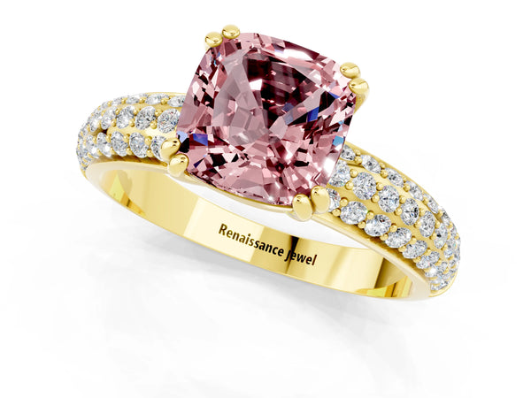 Yellow gold Cushion Cut Cut Pave Diamond Engagement Ring with Channel Set Band and Four-Prong Setting