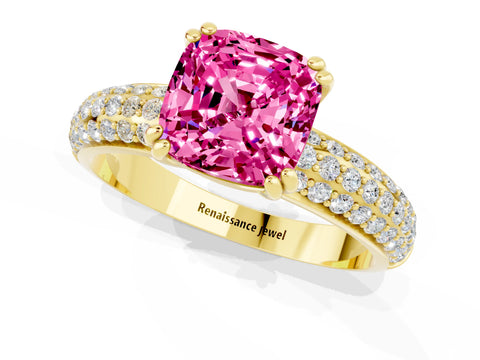 Yellow gold Cushion Cut Cut Pave Diamond Engagement Ring with Channel Set Band and Four-Prong Setting_1