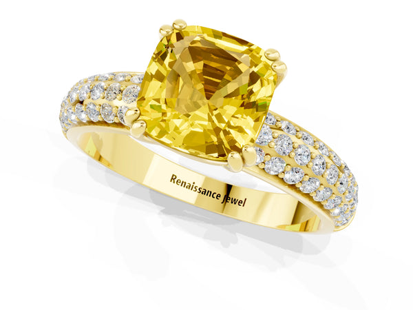 Yellow gold Cushion Cut Yellow Sapphire Solitaire Ring with Multi-Row Round Pavé Band and Prong Setting