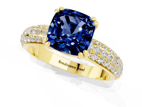 Yellow gold Cushion Cut Cut Pave Diamond Engagement Ring with Channel Set Band and Four-Prong Setting_1