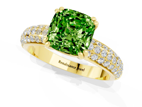Yellow gold Cushion Cut Cut Pave Diamond Engagement Ring with Channel Set Band and Four-Prong Setting