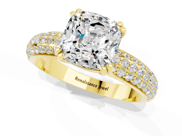 Yellow gold Cushion Cut Moissanite Solitaire Ring with Multi-Row Round Pavé Band and Prong Setting