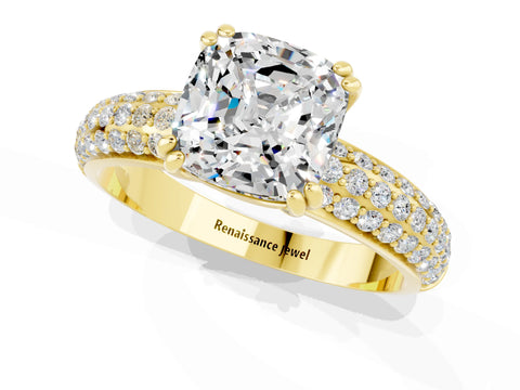Yellow gold Cushion Cut Cut Pave Diamond Engagement Ring with Channel Set Band and Four-Prong Setting_1