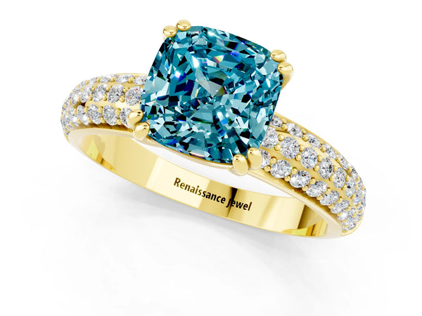 Yellow gold Cushion Cut Cut Pave Diamond Engagement Ring with Channel Set Band and Four-Prong Setting