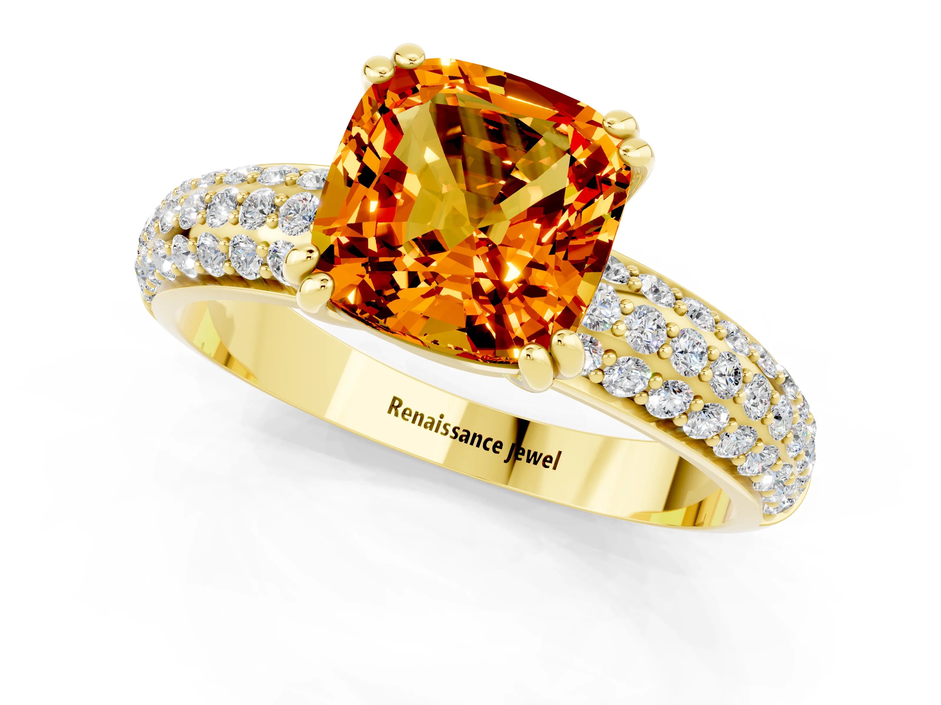 Yellow gold Cushion Cut Cut Pave Diamond Engagement Ring with Channel Set Band and Four-Prong Setting_1