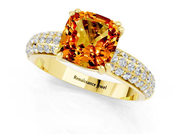 Yellow gold Cushion Cut Citrine Solitaire Ring with Multi-Row Round Pavé Band and Prong Setting
