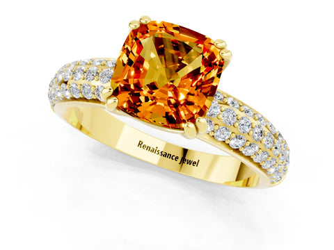 Yellow gold Cushion Cut Cut Pave Diamond Engagement Ring with Channel Set Band and Four-Prong Setting_1