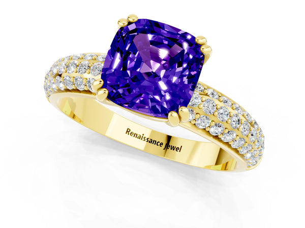 Yellow gold Cushion Cut Tanzanite Solitaire Ring with Multi-Row Round Pavé Band and Prong Setting