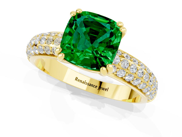 Yellow gold Cushion Cut Emerald Solitaire Ring with Multi-Row Round Pavé Band and Prong Setting