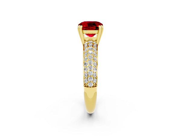 Yellow gold Cushion Cut Cut Pave Diamond Engagement Ring with Channel Set Band and Four-Prong Setting