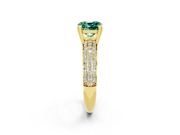 Yellow gold Cushion Cut Green Sapphire Solitaire Ring with Multi-Row Round Pavé Band and Prong Setting