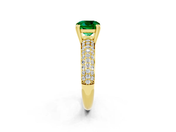 Yellow gold Cushion Cut Emerald Solitaire Ring with Multi-Row Round Pavé Band and Prong Setting
