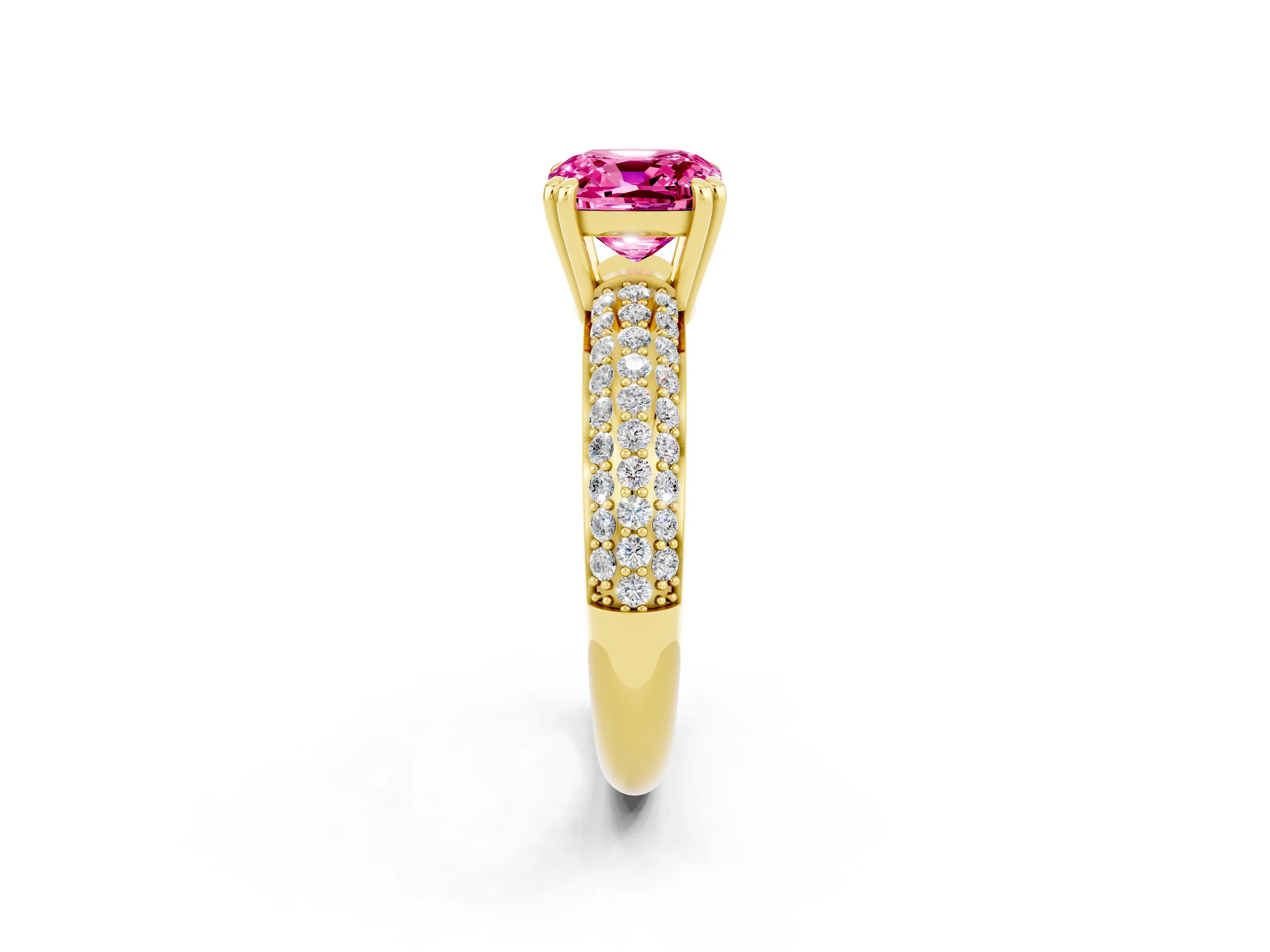 Yellow gold Cushion Cut Cut Pave Diamond Engagement Ring with Channel Set Band and Four-Prong Setting_2