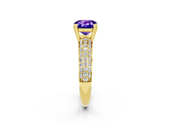 Yellow gold Cushion Cut Tanzanite Solitaire Ring with Multi-Row Round Pavé Band and Prong Setting