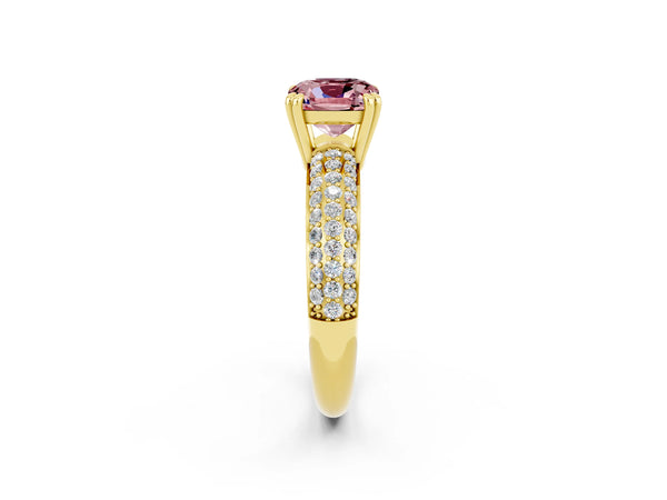 Yellow gold Cushion Cut Cut Pave Diamond Engagement Ring with Channel Set Band and Four-Prong Setting
