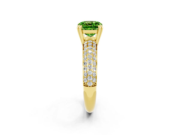 Yellow gold Cushion Cut Cut Pave Diamond Engagement Ring with Channel Set Band and Four-Prong Setting
