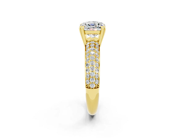 Yellow gold Cushion Cut Moissanite Solitaire Ring with Multi-Row Round Pavé Band and Prong Setting