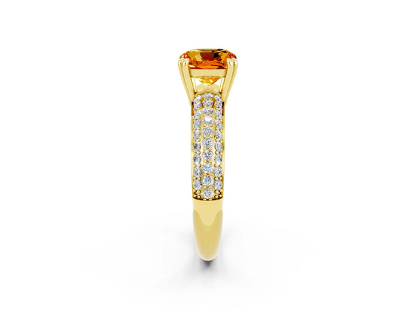 Yellow gold Cushion Cut Citrine Solitaire Ring with Multi-Row Round Pavé Band and Prong Setting