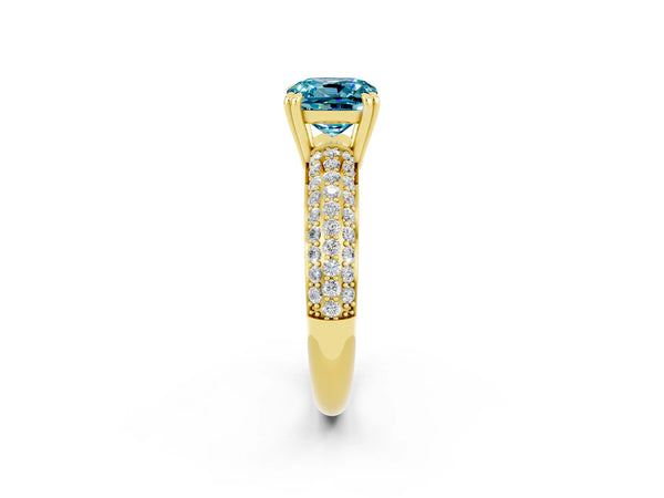 Yellow gold Cushion Cut Cut Pave Diamond Engagement Ring with Channel Set Band and Four-Prong Setting