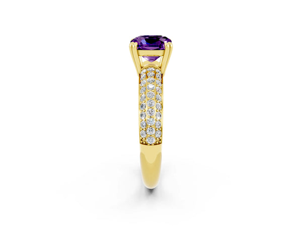 Yellow gold Cushion Cut Amethyst Solitaire Ring with Multi-Row Round Pavé Band and Prong Setting