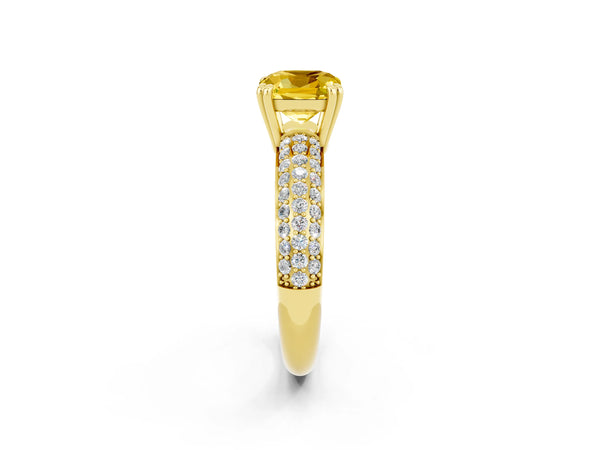 Yellow gold Cushion Cut Yellow Sapphire Solitaire Ring with Multi-Row Round Pavé Band and Prong Setting