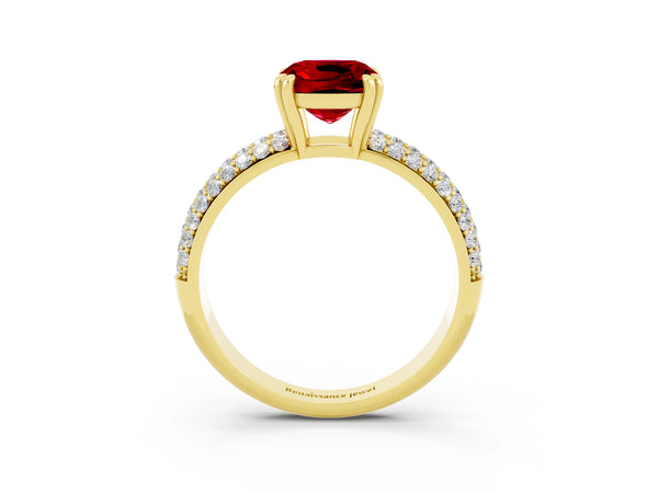 Yellow gold Cushion Cut Cut Pave Diamond Engagement Ring with Channel Set Band and Four-Prong Setting