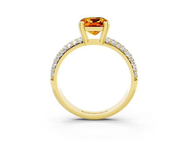 Yellow gold Cushion Cut Citrine Solitaire Ring with Multi-Row Round Pavé Band and Prong Setting