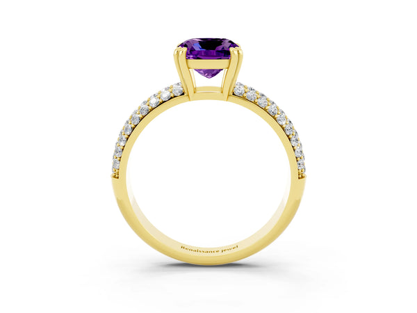 Yellow gold Cushion Cut Amethyst Solitaire Ring with Multi-Row Round Pavé Band and Prong Setting
