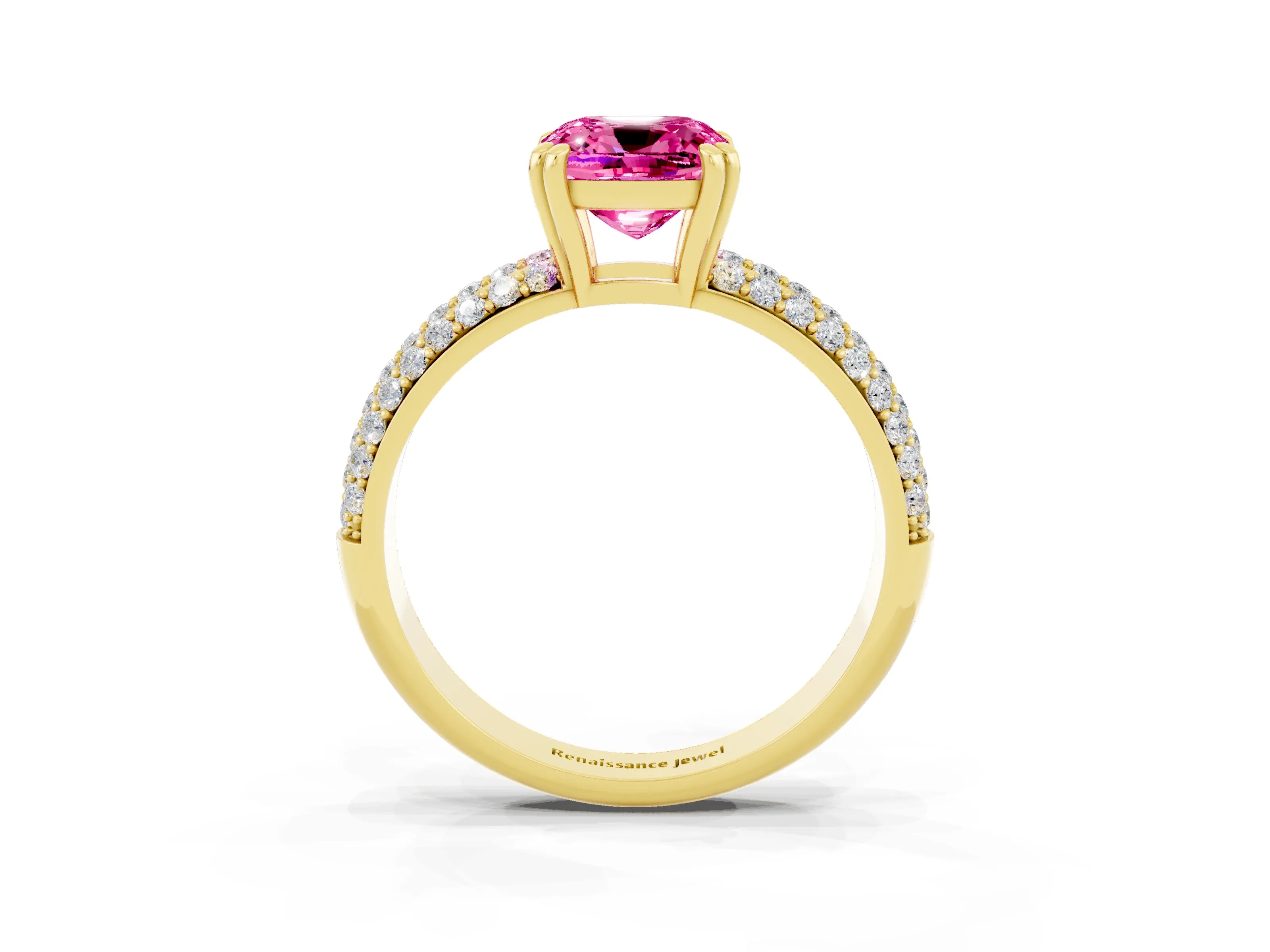 Yellow gold Cushion Cut Cut Pave Diamond Engagement Ring with Channel Set Band and Four-Prong Setting_3