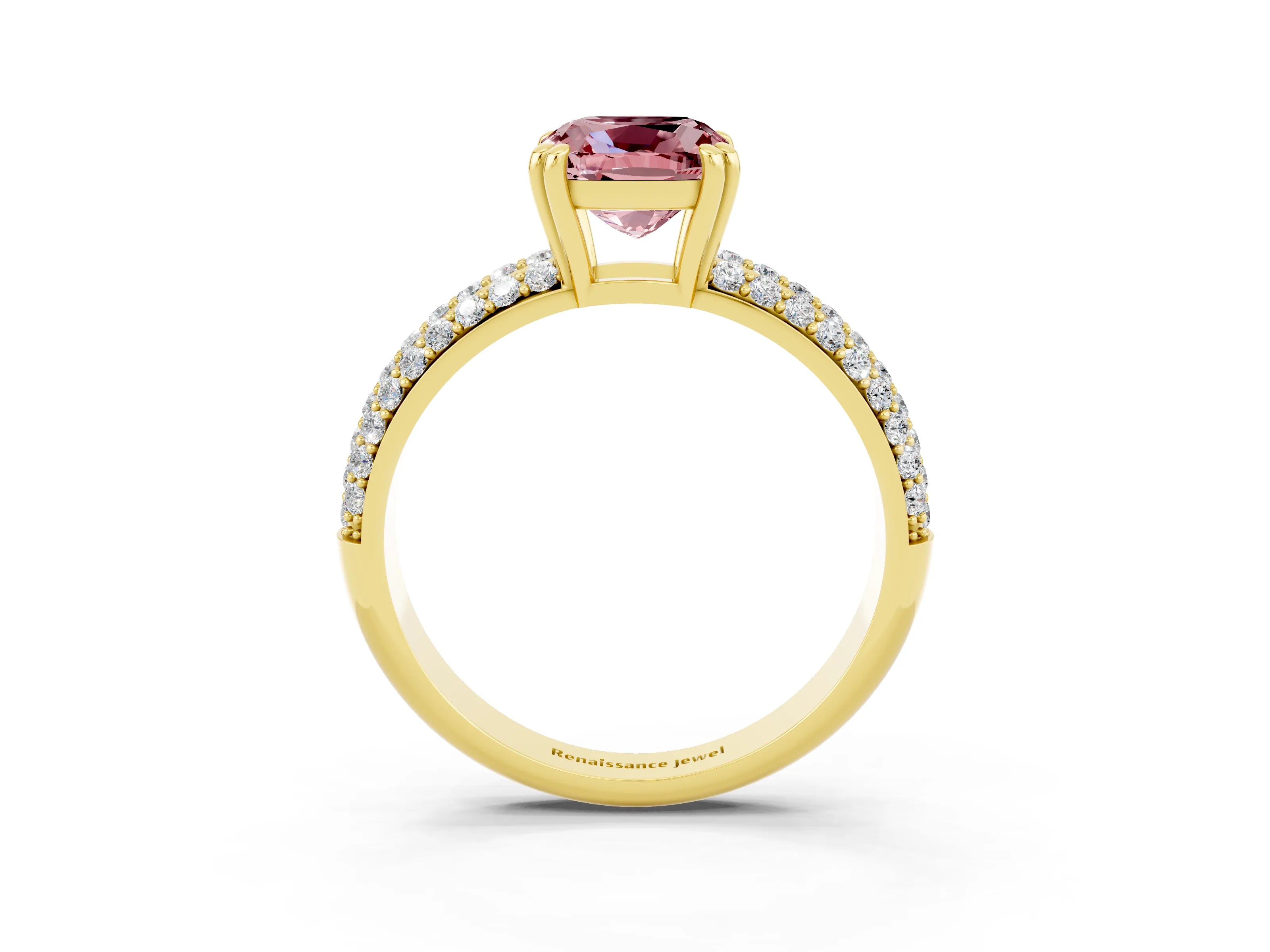 Yellow gold Cushion Cut Cut Pave Diamond Engagement Ring with Channel Set Band and Four-Prong Setting_3