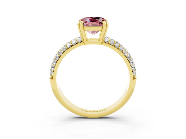 Yellow gold Cushion Cut Cut Pave Diamond Engagement Ring with Channel Set Band and Four-Prong Setting