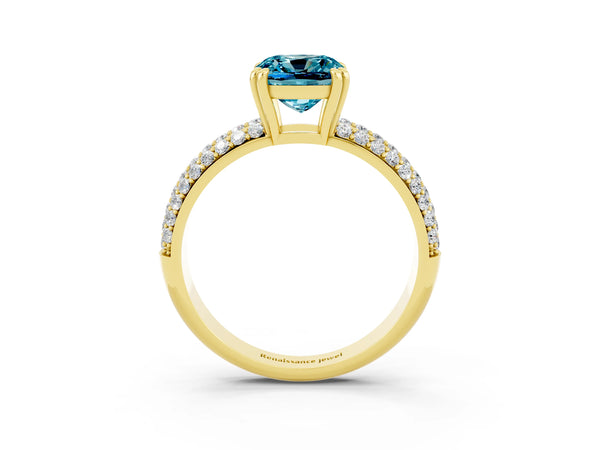 Yellow gold Cushion Cut Cut Pave Diamond Engagement Ring with Channel Set Band and Four-Prong Setting